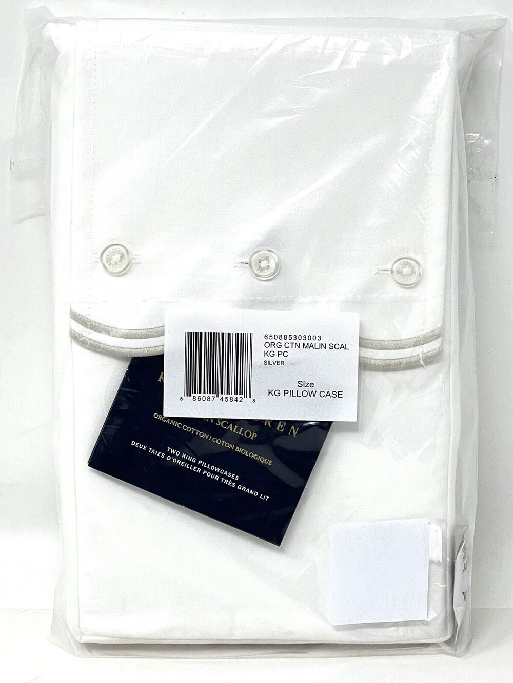 Ralph Lauren Malin Scallop KING PILLOWCASES Silver White Organic Cotton NWT Pair